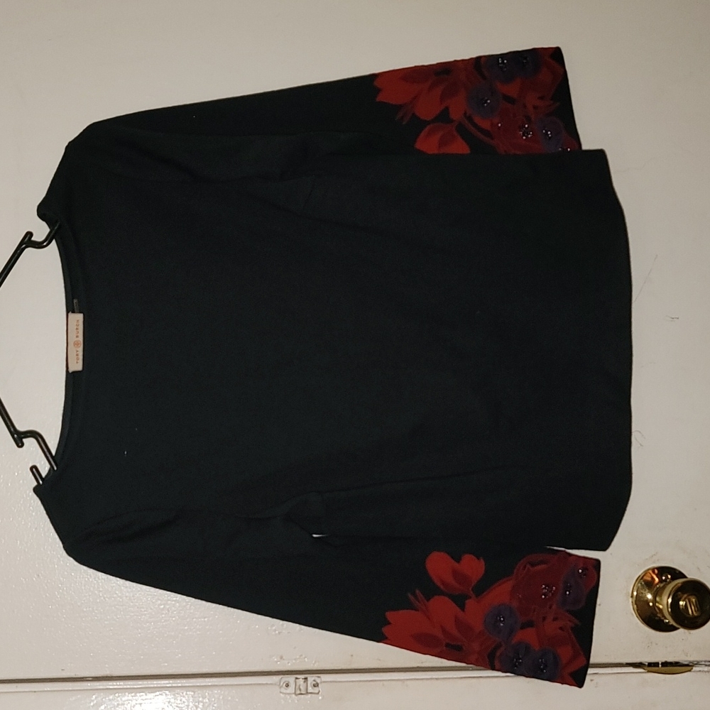 Tory burch blouse wool acrylic blend red flower beaded b29